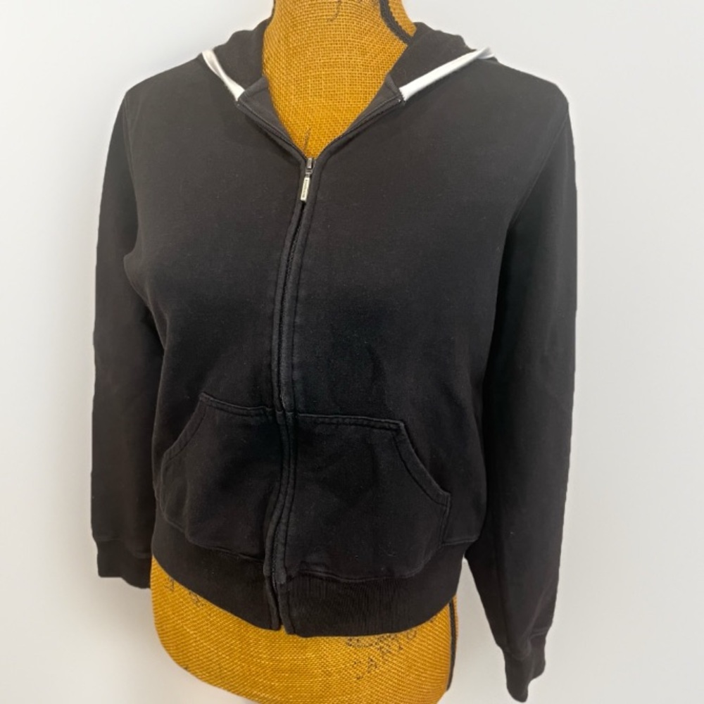 Ann Taylor Cotton Full Zip Hoodie Cardigan Boxy Black White Size Medium